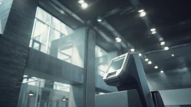 Modern digital terminal featuring a screen with data in a contemporary building, presenting concepts of finance, innovation, architecture, and technology