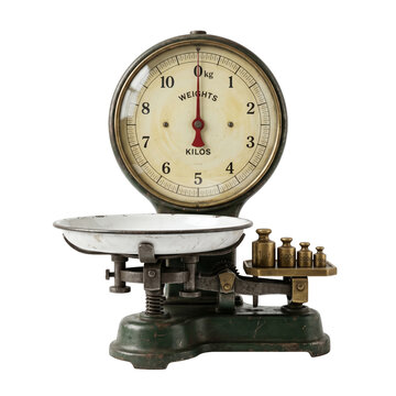 Antique kitchen scale with brass weights shown on transparent background