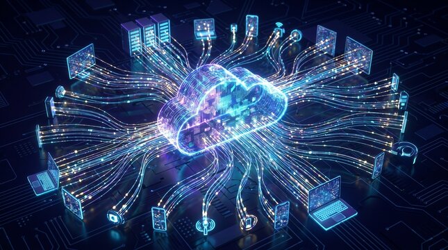 A glowing digital cloud computing structure connected to multiple devices and servers is displayed in this high quality conceptual photograph representing modern global network data systems.