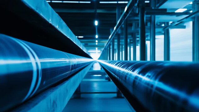 Steel industrial pipelines creating a vanishing point perspective, highlighting modern infrastructure and technology inside a manufacturing facility with cool blue illumination