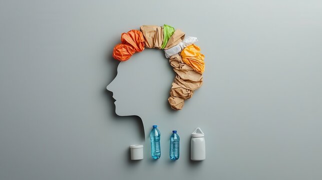 Recycling system shaped like a human head, symbolizing circular mindset shift
