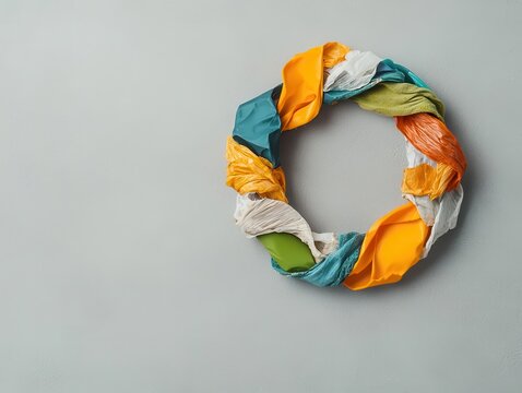 Abstract symbol of infinity made of plastic, glass, and fabric scraps, circularity concept