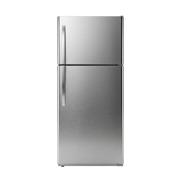 Modern stainless steel refrigerator shown in a photo on transparent background
