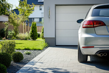 Silver Luxury Car Parked on Driveway of Modern Suburban House.