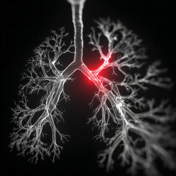 Glowing bronchial tubes highlight inflamed respiratory system in dark.