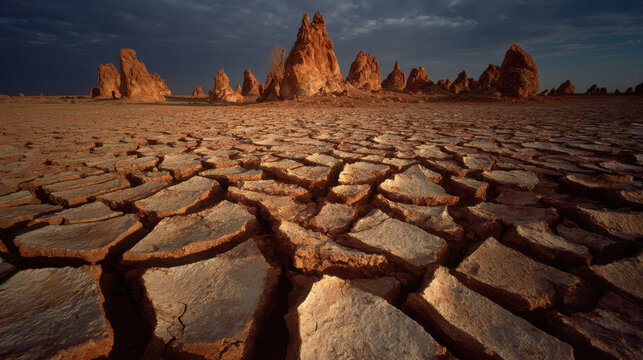 Cracked plain red heat desert landscape dry ground rock formation arid terrain barren land erosion pattern sunset light dramatic sky