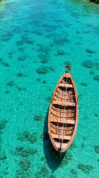 A wooden boat floats on crystal clear turquoise tropical water surrounded by lush greenery.