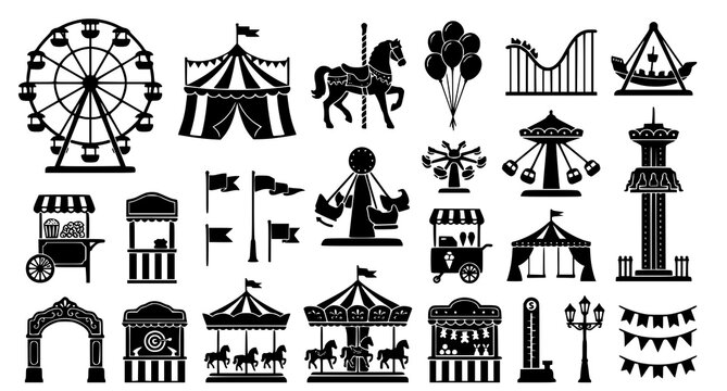 Black and white carnival icons set including rides and attractions