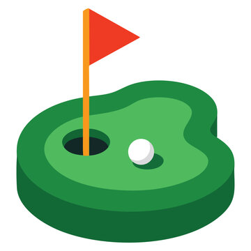 Flat vector color icon of golf course green with flag and golf ball. Perfect for sports applications, golf clubs, and recreation related visuals.