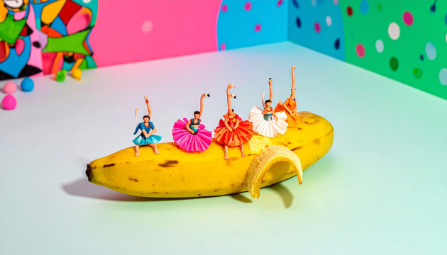 Miniature ballet dancers performing a whimsical dance on a giant banana peel stage