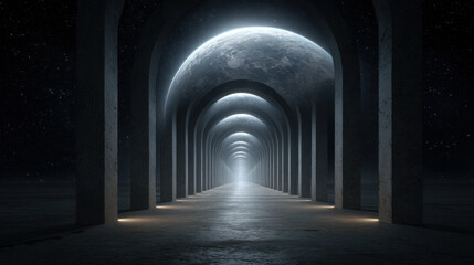 Naklejka premium Futuristic tunnel corridor with planet sphere and star field in dark abstract architecture