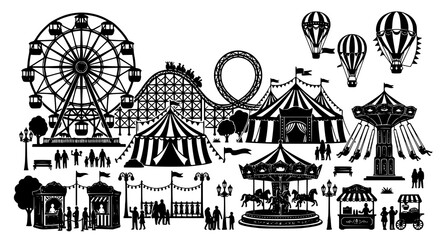 Amusement park illustration set ferris wheel roller coaster circus tent and carnival rides © Morjina