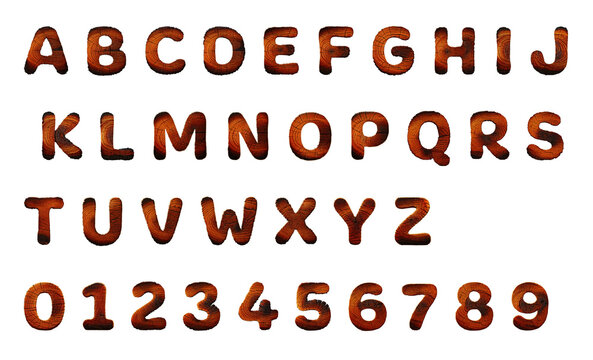 burn wooden alphabet and numbers set, industrial wooden textured font collection, 36 weathered wood letter and digit icons for vintage signage.