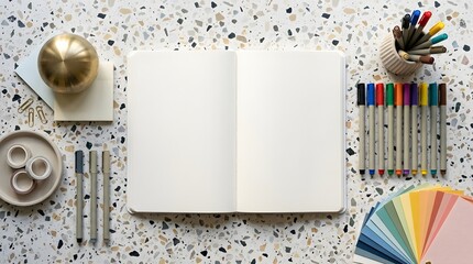 Obraz premium A creative workspace with art supplies and a blank notebook on a terrazzo surface