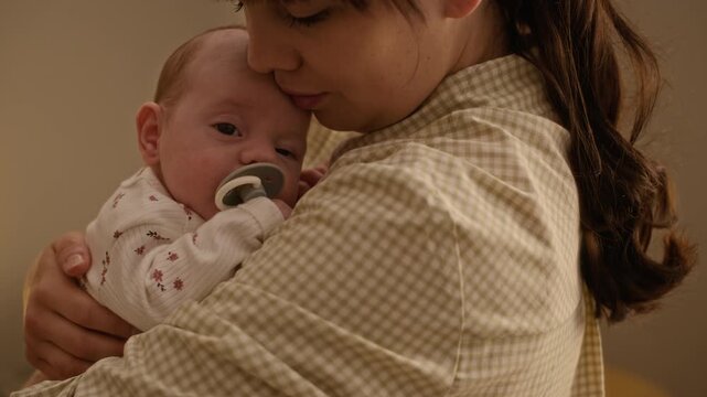 Closeup slowmo shot of loving young Caucasian mother holding adorable newborn girl with pacifier in arms, enjoying moment of emotional connection and tenderness