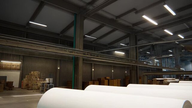 Manufacturing facility creating a large clean paper roll, with materials stored in cardboard boxes in the background, symbolizing industrial production and packaging