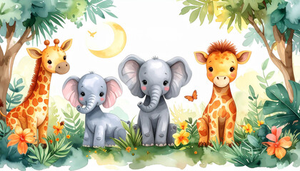 Naklejka premium Safari-Tiere als Aquarellillustration fürs Kinderzimmer