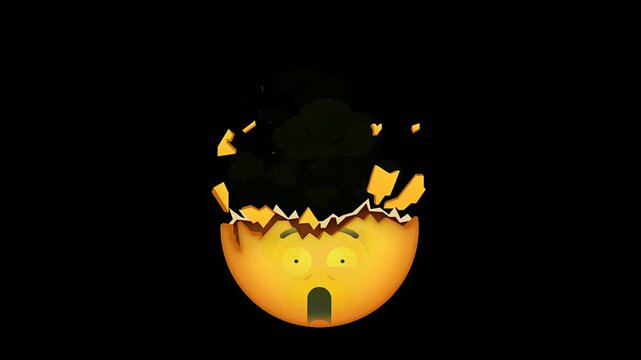 Astonishing exploding emoji with wide-eyed expression and dark smoke rising, representing shock and mental overload in a dramatic visual
