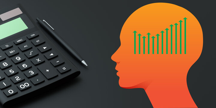 Calculator with pen and rising financial chart inside human head profile on dark background