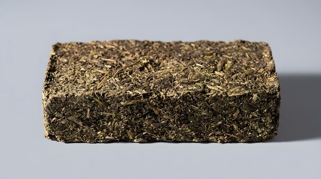 A close-up view of a compressed block of hay or dried herbs on a plain gray background