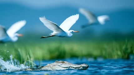 Fototapeta premium Crocodile Swimming in Water with Herons Flying Over Swamp Landscape Beneath Blue Sky
