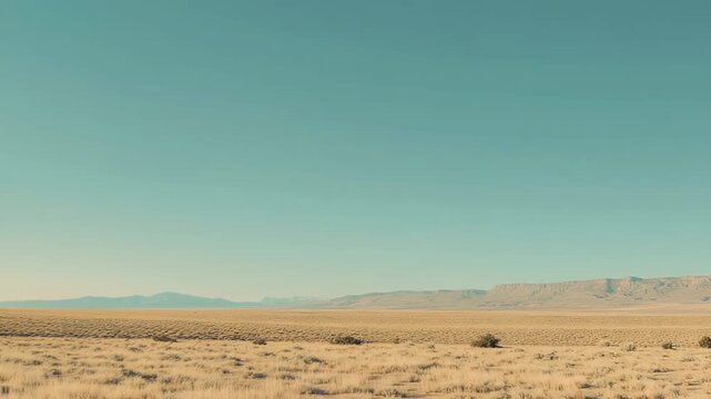 Expansive desert landscape featuring dry yellow grass and scrub brush stretching towards distant mountains under a wide. Clear aquamarine sky. Conveying feelings of serenity. Emptiness. And adventure
