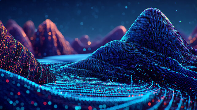 Abstract digital landscape of glowing blue data mountains and particles