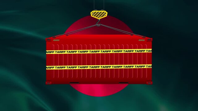 Bangladesh Flag Shipping Container: A red shipping container, wrapped with yellow caution tape, is lifted by a crane against the backdrop of the Bangladesh flag.