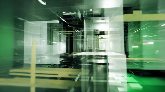 Futuristic abstract architecture comprising transparent glass panels and glowing light lines, creating a high tech corporate tunnel or data communication background