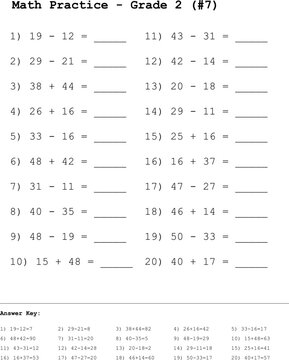 Mixed Math Operations Worksheet Addition Subtraction Grade 2. Educational math printable for second graders focusing on basic addition and subtraction equations.