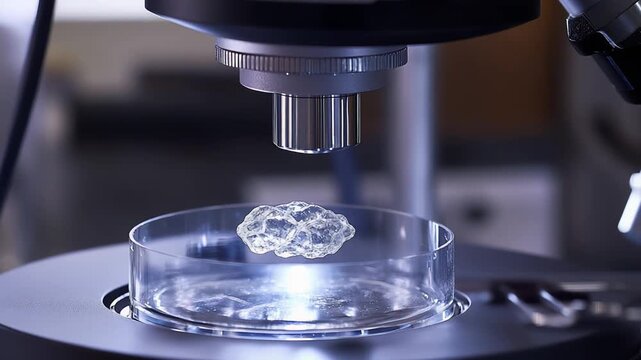 Organic sample levitating above a petri dish, being observed under a microscope lens in a scientific research laboratory setting, showcasing advanced biotechnology