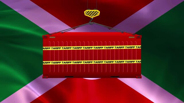 Burundi Trade Blockade: A cargo container, banded with yellow tape marked TARIFF, is suspended by a crane against the backdrop of the Burundi flag.
