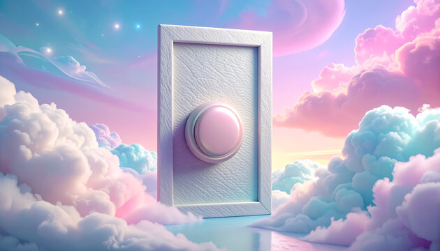 Oversized pastel button door handle on a whimsical cloudscape