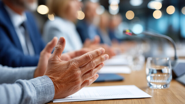 Close-up of academic panel expert hands gesturing expressively above open documents on conference table during international space governance symposium, only hands forearms and sca