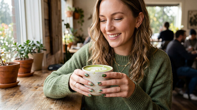 Happy young woman drinking matcha latte in a cozy cafe during the day