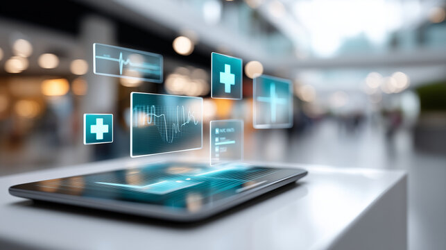 A glowing softly defocused population health analytics interface with floating community health data tiles and epidemiological trend panels hovering in soft layered depth above cle