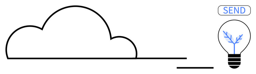 Cloud storage, innovation, digital technology, online sharing, communication, idea generation. A cloud icon alongside a light bulb with branching patterns. Cloud storage and innovation concept © robu_s