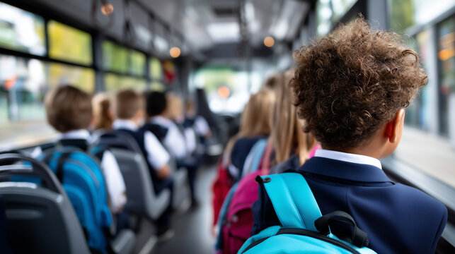 Inside a modern private school shuttle bus viewed from driver area looking back down full aisle, diverse group of students in smart school uniforms blazers shirts and ties seated c