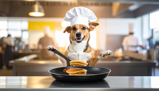 A charming dog wearing a chef's hat expertly flips golden pancakes in a bustling kitchen setting