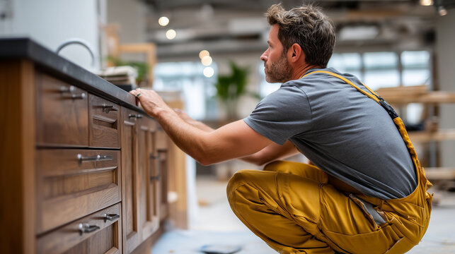Professional photo of a furniture installer viewed from behind crouching to attach base unit of bespoke kitchen to freshly tiled floor in modern interior under construction, only b