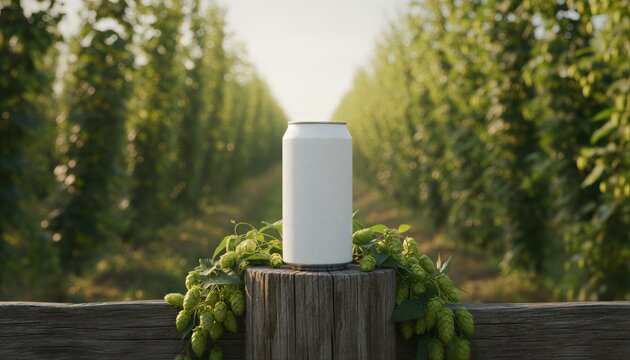 Premium white aluminum beverage can on a rustic fence post in a sunlit hop field