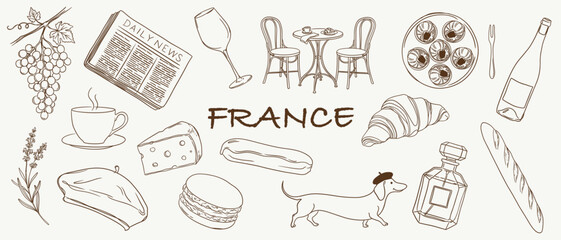 French culture and food hand drawn set for travel blog or cafe menu. Croissant, baguette, cheese, wine, coffee, newspaper, dog, beret hat, pastry, glass, table, chair, perfume, snail food © Viktoriia