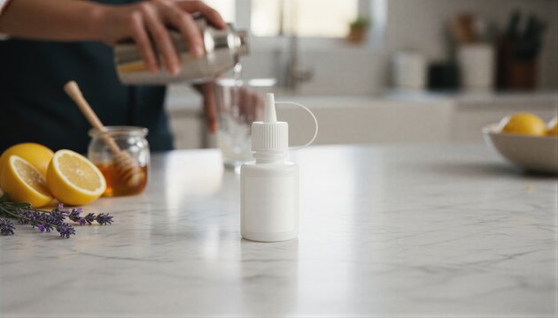 Premium white dropper bottle with a clean label on a rustic marble counter