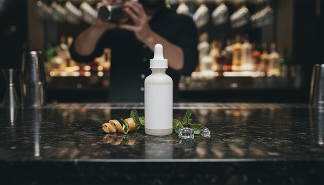 Premium white dropper bottle with a clean label on a professional bar counter with citrus accents