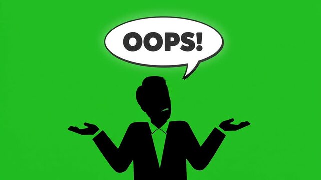 Silhouette of a person with arms outstretched and comic style speech bubble saying oops against
