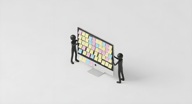 Figures placing sticky notes all over a computer screen