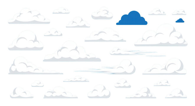 A collection of various fluffy white cartoon clouds and one blue cloud isolated on a solid black background, for projects