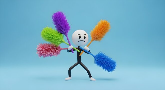 Angry stick figure holding multiple colorful feather dusters