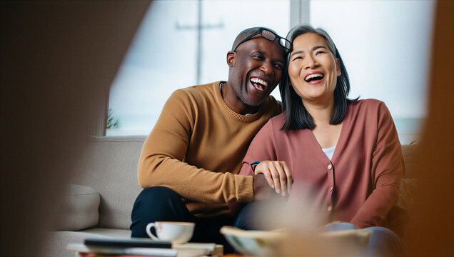 Long-married couple erupting into uncontrollable shared laughter while reacting to a pet's unpredictable off-camera antics.