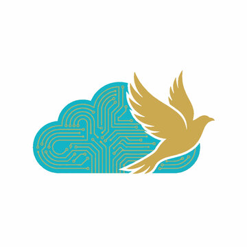 Stylized cloud computing symbol featuring an intricate circuit board pattern and a golden flying dove, presented as a modern vector illustration
